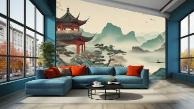 Ancient style architecture blends with natural beauty in a trendsetting wallpaper, exhibiting the essence of China Wall mural