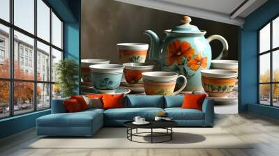 Artistic charm of vintage ceramic teapot and cup Wall mural