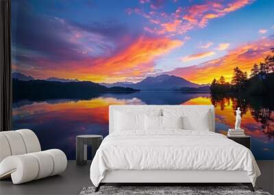 At sunset, the lake reflects gorgeous rosy clouds, and the mountains and tree shadows in the distance interweave, presenting a peaceful and beautiful natural scenery Wall mural