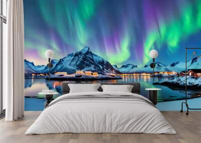 Aurora Borealis Illuminates the Dreamlike Sceneries of Flakstad in Lofoten Islands Wall mural