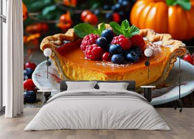 Colorful pumpkin pie decorated with fresh fruit and cream, a delicious dessert for festivals and parties. Wall mural