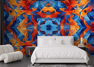 Complex geometric patterns, including symmetrical designs in blue, red and orange, present rich visual effects and depth. Wall mural