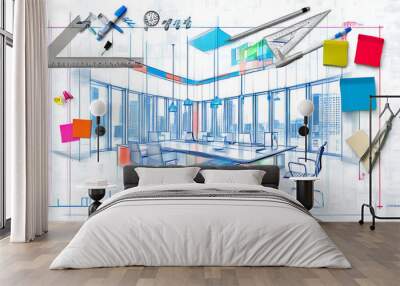 Contemporary office environment planning and innovative design, color application of office supplies and backgrounds. Wall mural