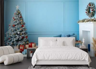 Cozy Christmas atmosphere with gifts and wreaths decorating the blue room Wall mural