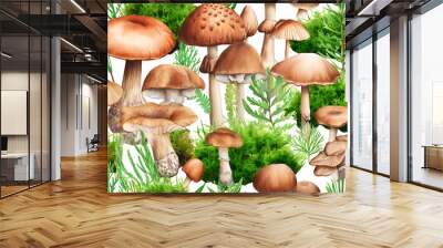 Detailed watercolor hand-drawn forest mushrooms and moss, suitable for various creative printing Wall mural