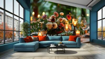 Elegant dining table layout, flowers placed in the center, soft candlelight creates a warm atmosphere, surrounded by green plants, suitable for a warm gathering. Wall mural