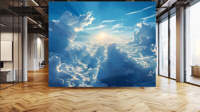 Fantastic view in blue sky, clouds and sunshine create a dreamlike painting. Wall mural