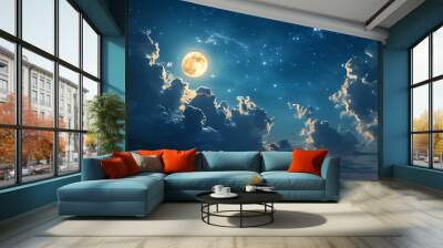 Fascinating night sky view with a bright moon hanging high in the heavens. Wall mural