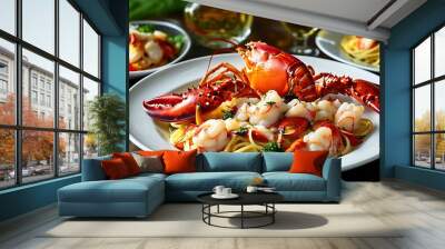 Fresh lobsters are cooked into exquisite seafood plates, served with pasta and delicious side dishes, presenting an inviting food scene. Wall mural