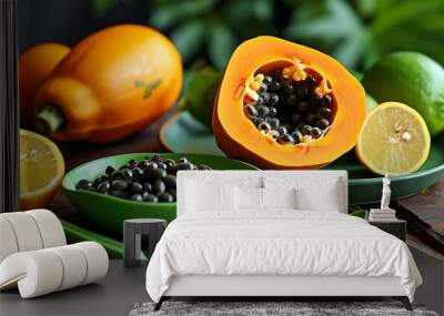 Fresh papaya is cut open to reveal black seeds, served with lemons and oranges next to it, presenting a natural and healthy eating style, green tableware Wall mural