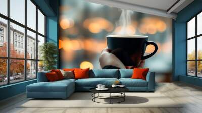 Holding a coffee cup in one hand, the background is blurred, presenting a tranquil atmosphere suitable for relaxing and enjoying life. Wall mural