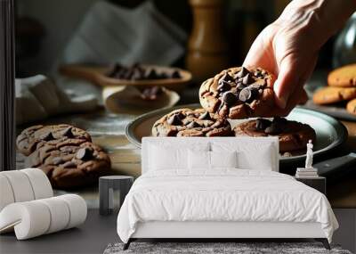 In the kitchen, one hand is placing freshly baked chocolate cookies on a plate with a knife and cut cookies on the side. Wall mural