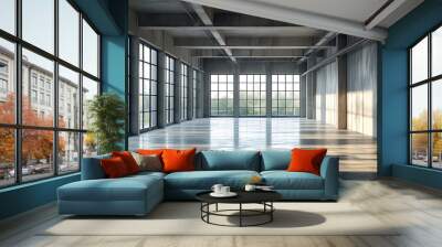 Inside the industrial-style building, bright natural light shines on the concrete floor through large windows, giving a calm and modern atmosphere. Wall mural