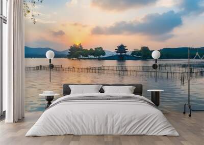 Magical scenery of West Lake at sunset, with enchanting lake reflection and dance with sky. Wall mural