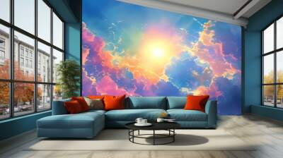 Magical sky background with colorful clouds and shining sun Wall mural