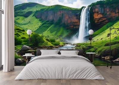 Magnificent waterfalls pour down from mountain streams and are surrounded by green hills and rocks. The tranquil and beautiful natural landscape, fresh air and gurgling water are relaxing. Wall mural