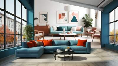 Minimalist yet vintage living room design with artistic furniture showcase. Wall mural