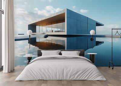 Modern abstract architecture reflected in the lake with a bright sky background and minimal art style. Wall mural