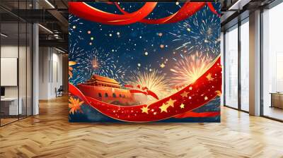 National Day celebration background illustration, integrating red ribbons, stars, and celebration elements Wall mural