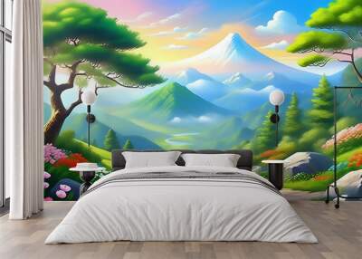 Natural beauty, green mountains and cloudy sky, spectacular view Wall mural