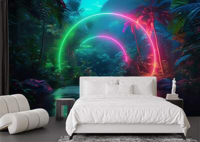 Neon Light Scene in a Tropical Jungle with Futuristic Design Wall mural