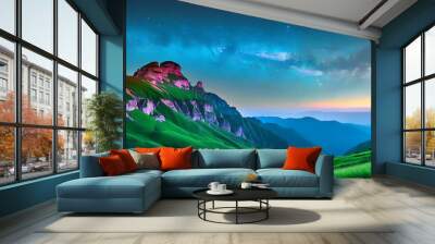 Night sky with shining stars and poetic mountains Wall mural