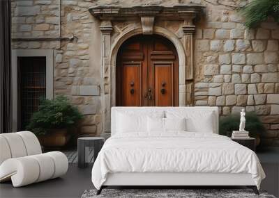 old wooden door in a stone wall Wall mural