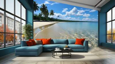 On the sunny beach, the clear sea water and the blue sky complement each other, the delicate sand grains are like golden jewelry, and in the distance are lush coconut trees. Wall mural