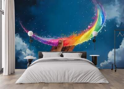 One hand holds a colorful rainbow with a dark blue sky in the background, showing a beautiful feeling of joy and hope. Wall mural