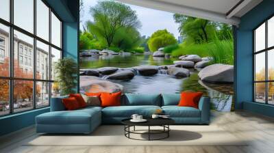 Picturesque stream in park, serene rocks and green scenery. Wall mural