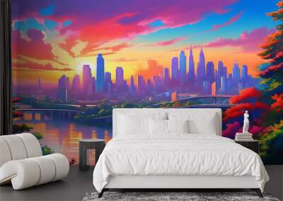 Romantic scene at sunset with colorful sky and silhouette of urban skyline. Wall mural