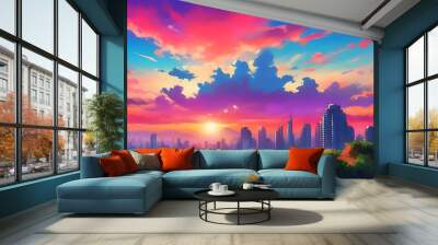 Romantic scene at sunset with colorful sky and silhouette of urban skyline. Wall mural