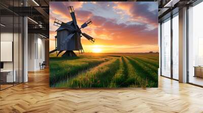 Rural scenery with wooden windmill and field views Wall mural