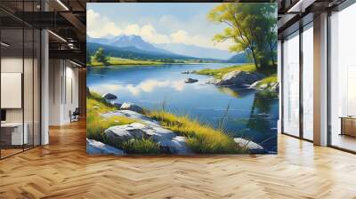 Scenic river and lake in traditional ink painting Wall mural