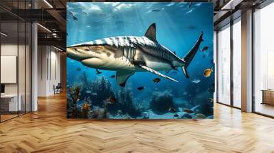 Sharks swimming in the deep sea, surrounded by blue water and other fish, show a beautiful scene of mysterious nature. Wall mural