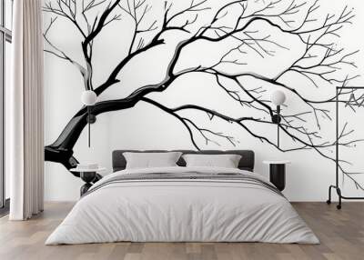 Sketch the art of tree branches in minimal style with black and white tones. Wall mural