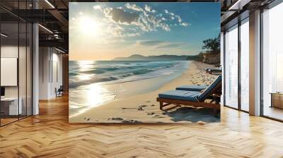 Stunning beach view with sun loungers on sand Wall mural