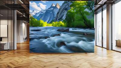 Stunning natural scenery with dramatic mountains and flowing river Wall mural