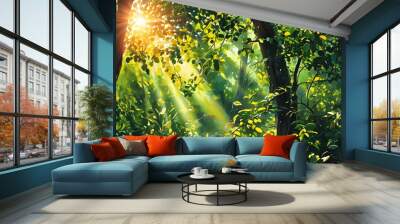 Sunlight shines through the leaves in the dense forest, presenting a vibrant natural scene full of green life. Wall mural