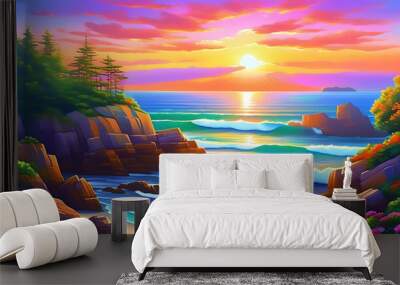 Sunset by the sea: serene ocean meets vibrant sky Wall mural