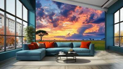 sunset in the field Wall mural