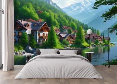 The beautiful mountain town is dotted with well-arranged houses, surrounded by green trees, and the peaceful and tranquil natural scenery gives people a feeling of relaxation. Wall mural