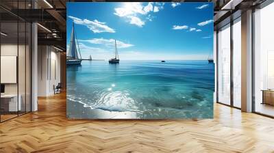 The clear sea water contrasts with the blue sky, several sailboats are moored on the beach, and the tranquil coast under the sunshine. Wall mural