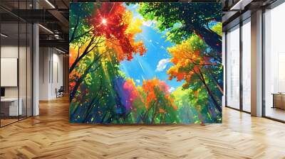 The colorful forest is intertwined with the clear sky, and the sun shines through the leaves, showing the vitality and vitality of nature. Wall mural