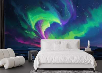 The colorful northern lights danced in the dark night sky, shining with green and purple brilliance, as if adding mystery to the nature's night. Wall mural