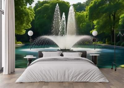 The dazzling pool fountain creates beautiful water in the sun, surrounded by trees and pleasant environment, bringing endless tranquility and beauty. Wall mural