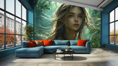 The dreamy girl in the mysterious forest, her long hair fluttering in the wind, her face exudes a soft light, and she is surrounded by green plants, creating a peaceful and mysterious atmosphere. Wall mural