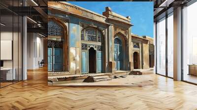 The exterior of an ancient building is equipped with exquisite windows and doors, with a blue sky in the background, showing the atmosphere of history and cultural heritage. Wall mural