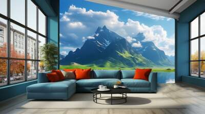 The fresh mountains are connected to the vast sky, and the white clouds float gently, making it a refreshing natural scenery. Wall mural