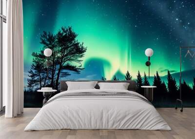 The gorgeous green auroras and the silhouettes of trees in the night sky form a beautiful picture, which looks mysterious and charming. Wall mural